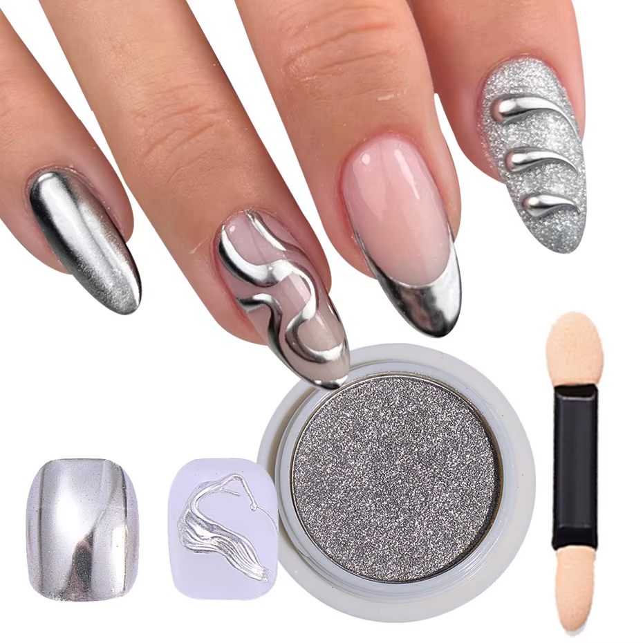 Poudre à ongles chromée argentée