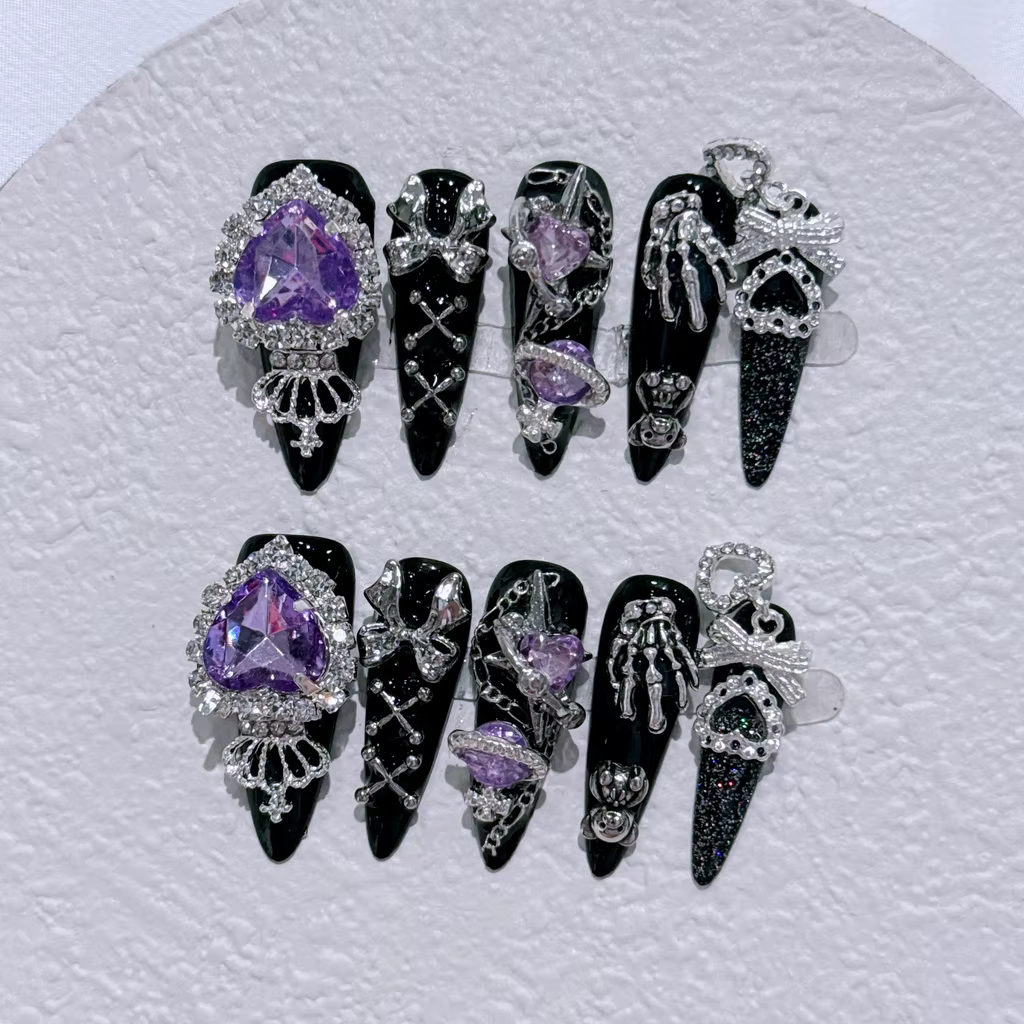 Japonais Menhera Luxe Long Tips Presse Sur Les Ongles y2k Spice Girls Noir Fait Main Nail Bear Arc Couronne Violet Diamants Faux