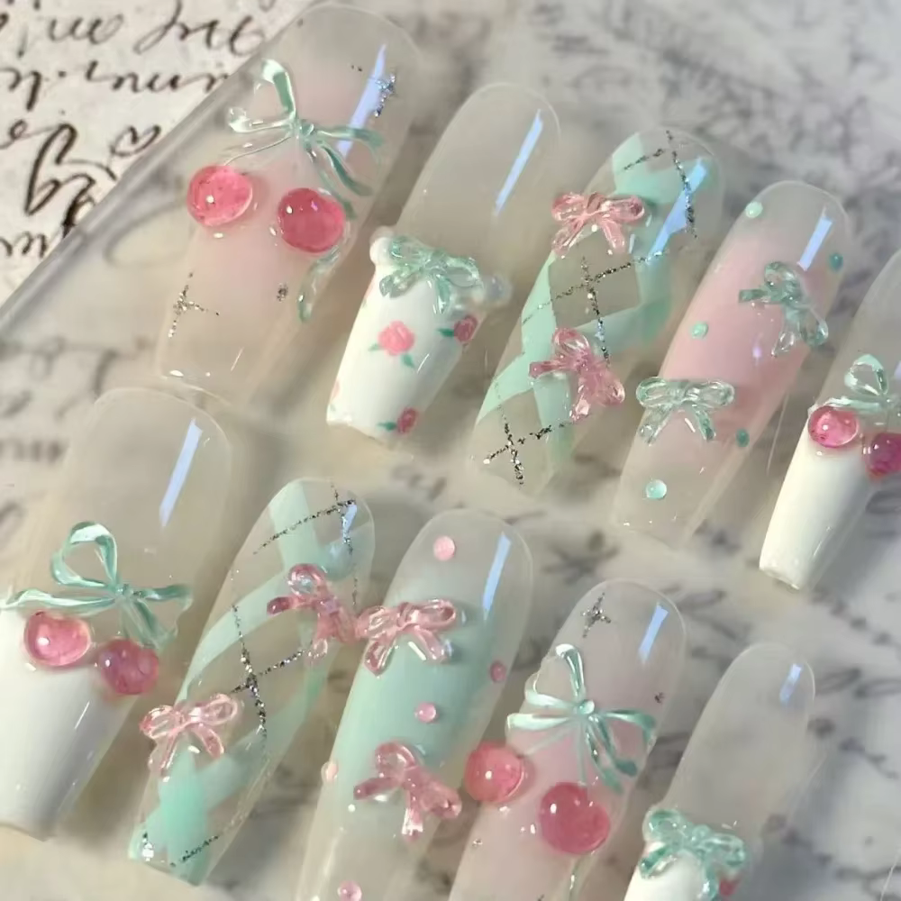 Ongles Press-On 3D Cerise Menthe Printemps-Été Faits Main Français