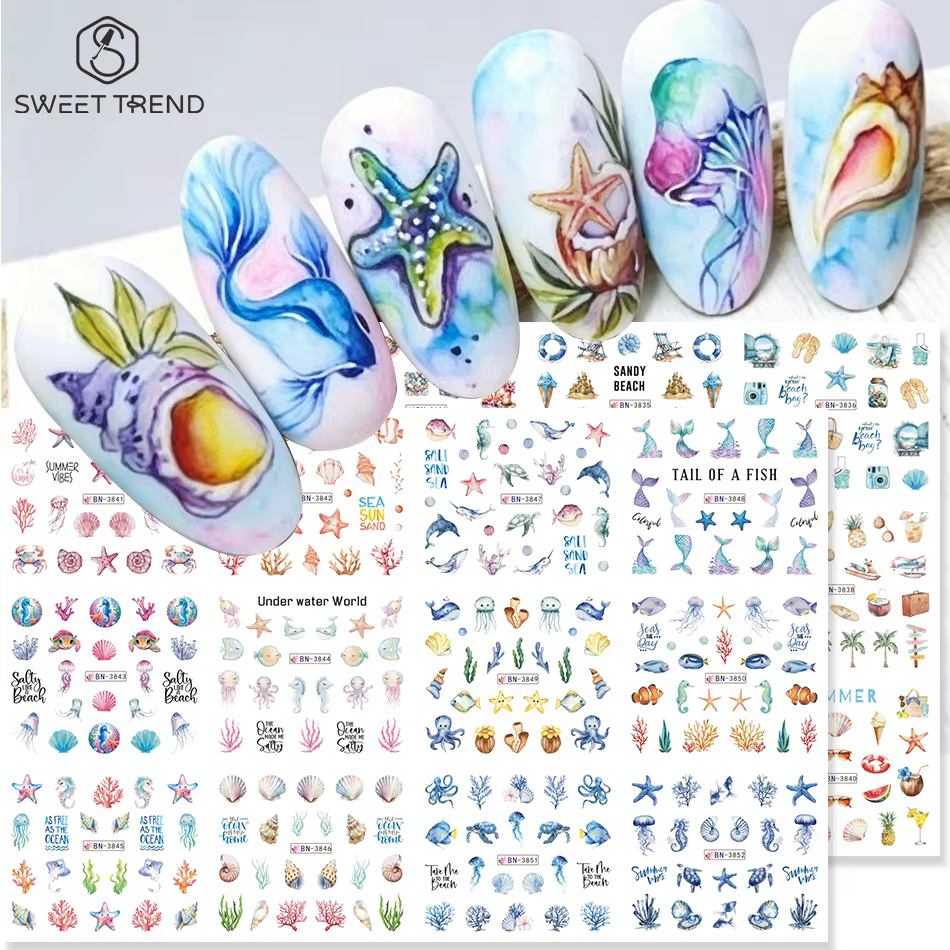 12 Motifs Autocollants Ongles Thème Océan Estival Coquillages Étoiles de Mer Méduses Décoration Manucure Transfert à l'Eau