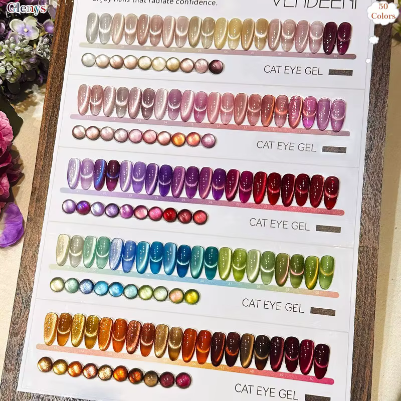 Gel UV/LED pour ongles effet œil de chat 50 couleurs Glenys – Kit professionnel pour salon de manucure