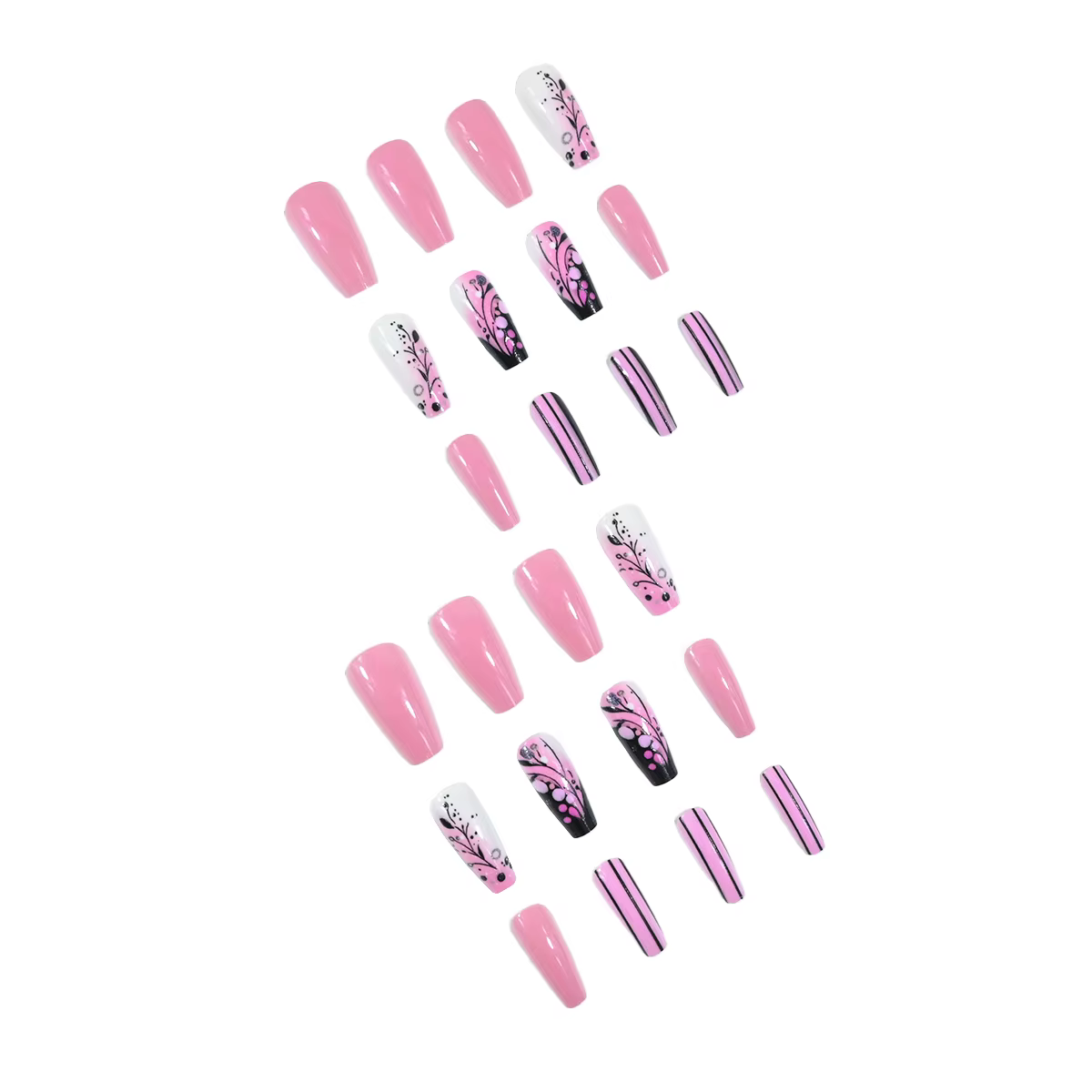 Un ensemble complet de 24 faux ongles longs de ballet conçus avec des morceaux d'ongles roses et des motifs de fleurs
