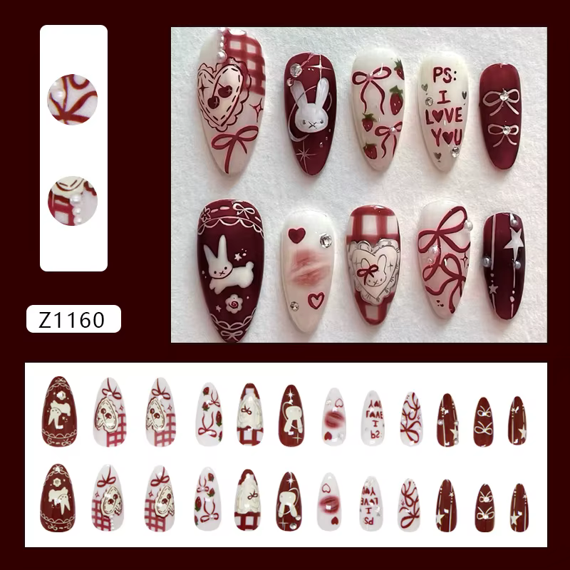 Nail art Lapin et Vin, Faux ongles Nœud Papillon Jeunesse et Douceur