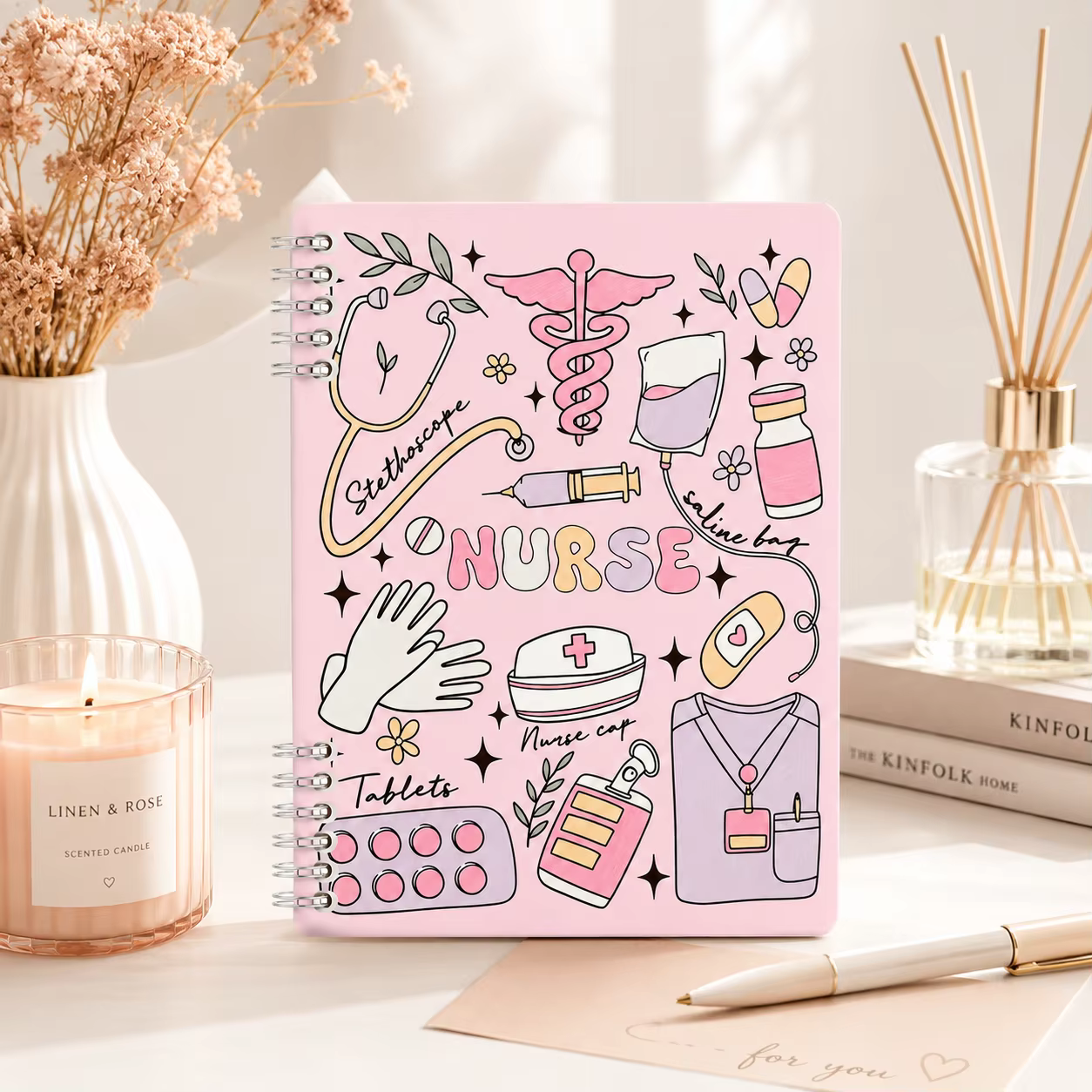 Carnet à spirale rose de 120 pages pour infirmières, journal médical mignon pour étudiants en soins infirmiers, notes de travail, cadeaux scolaires et d'appréciation