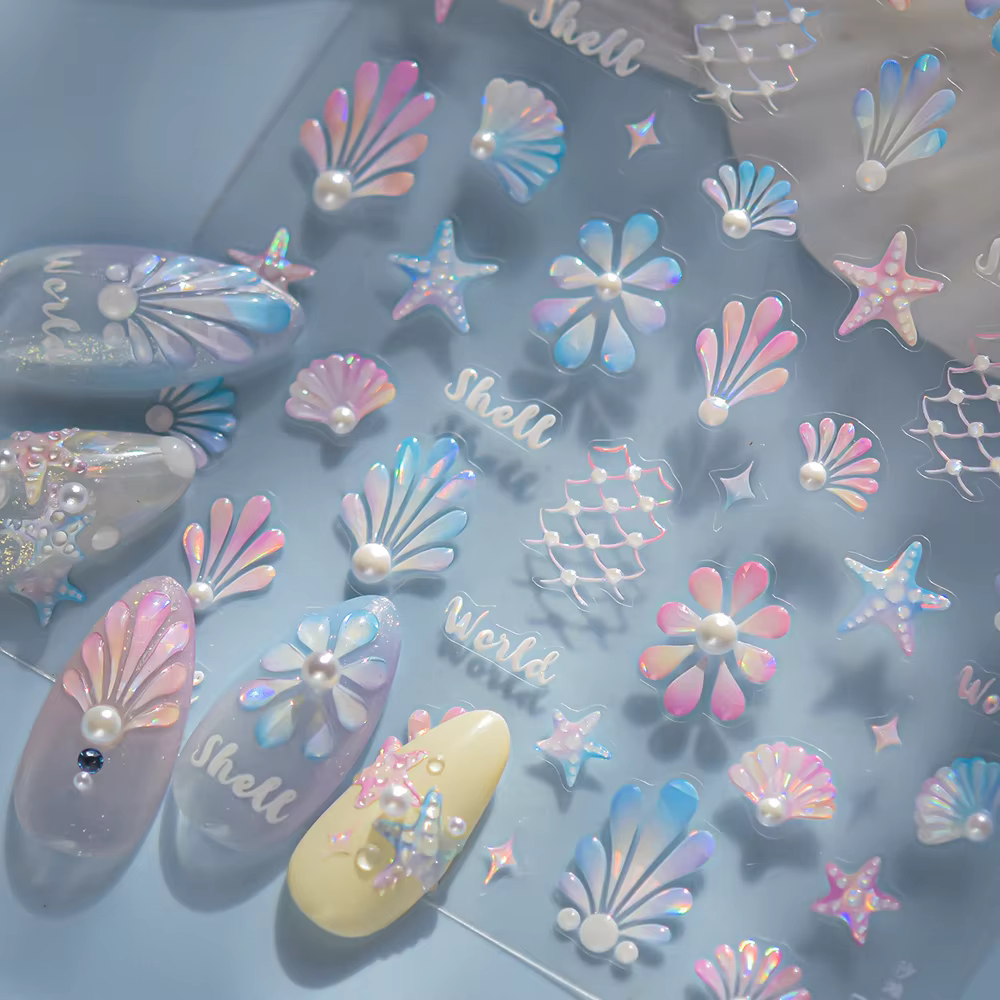Coquilles de plage filets de pêche étoile de mer pétoncles strass perles 5D Nail Art autocollant doux auto-adhésif décoration manucure décalcomanies