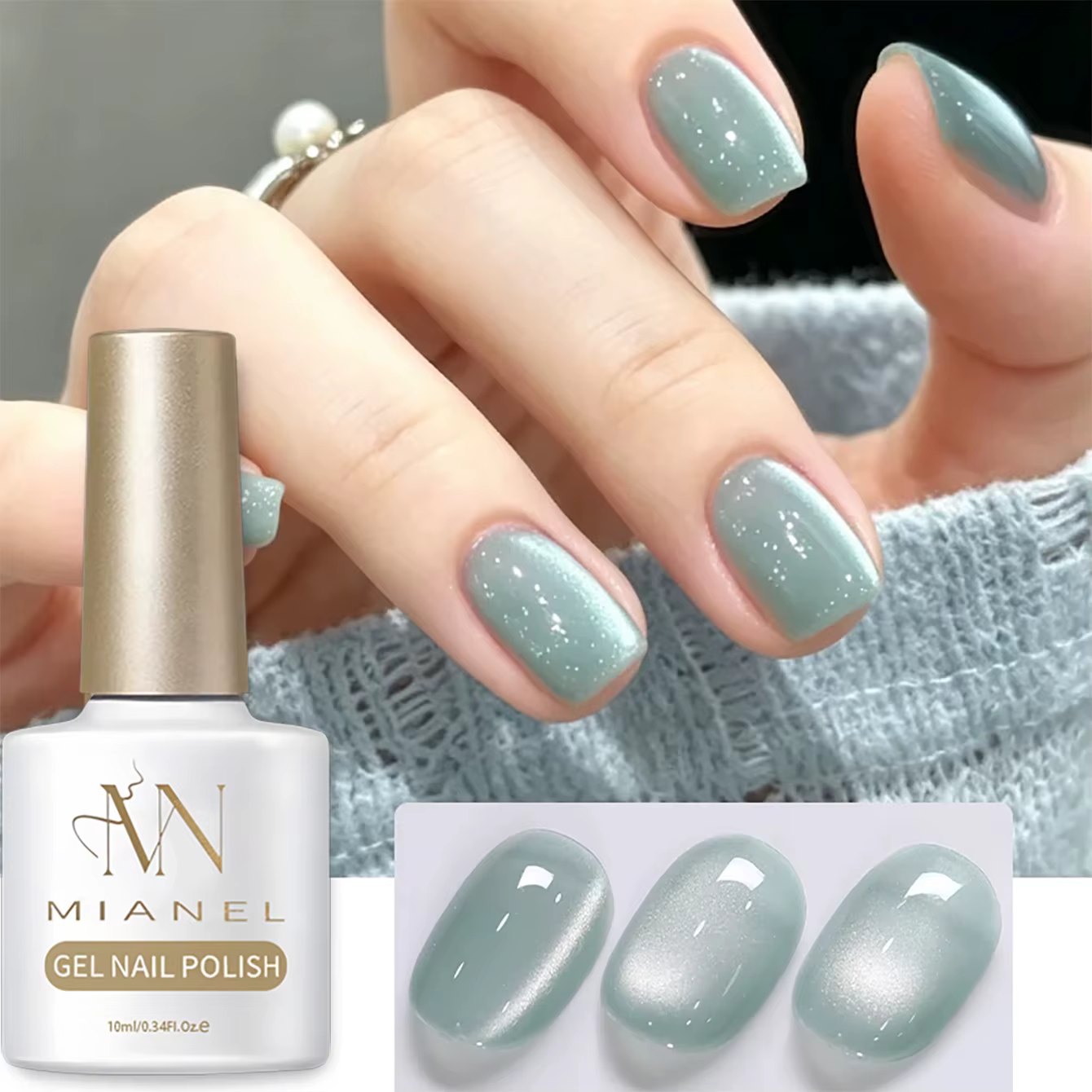 MIANEL Été 2026 Vernis à ongles gel effet œil de chat bleu glace transparent avec perles de verre Manucure professionnelle Collection Ice Sand Lake
