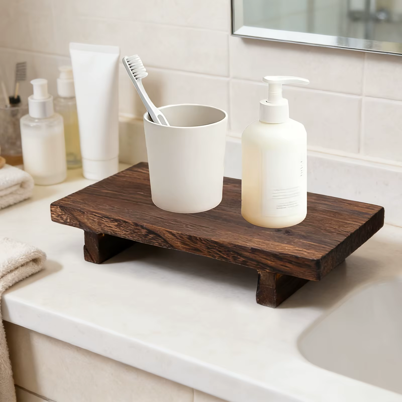 Plateau décoratif en bois vintage, élégant plateau de rangement pour salle de bain et cuisine, idéal pour les cosmétiques et la présentation à domicile