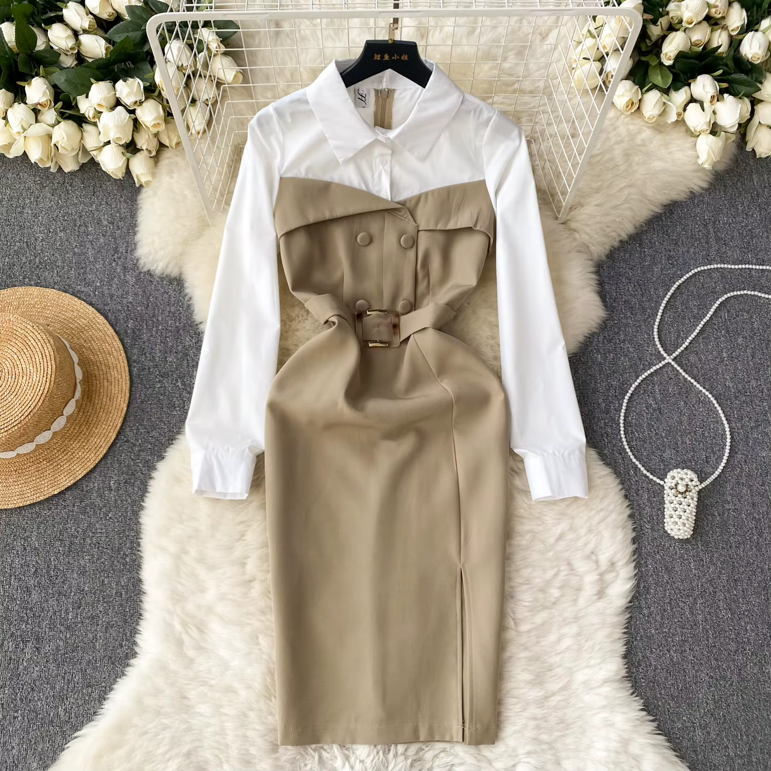 Foamlina 2025 fausse robe chemise deux pièces femmes Double boutonnage gilet Corset taille haute robe crayon fendue