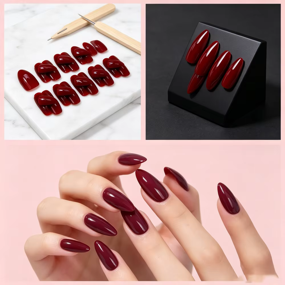 Faux ongles à presser rouge bordeaux brillants