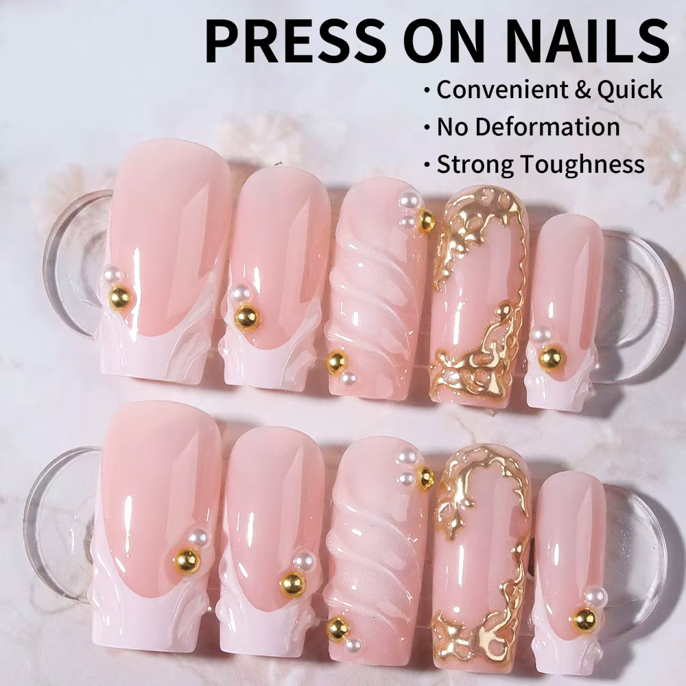 24 pièces par ensemble. Faux ongles rectangulaires 3D en gel