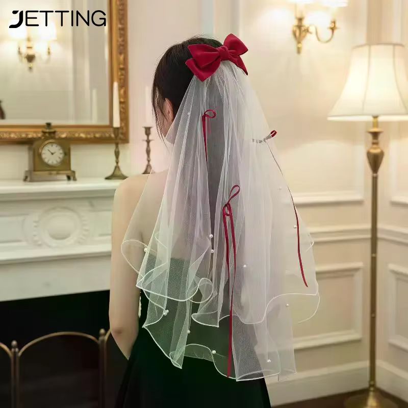 Voile de mariée court blanc en tulle avec nœud et pince à cheveux, accessoires pour enterrement de vie de jeune fille, accessoires pour séance photo