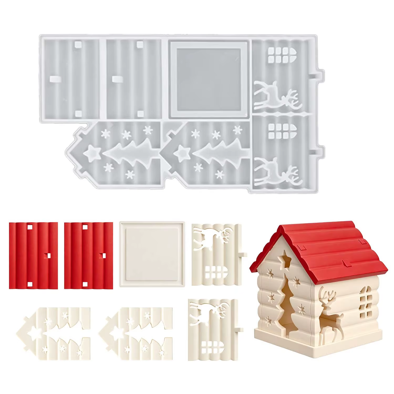 Moule en silicone pour résine de Noël : 1 moule en silicone en forme de cabane de Noël, avec un design ajouré orné d'étoiles et de cœurs
