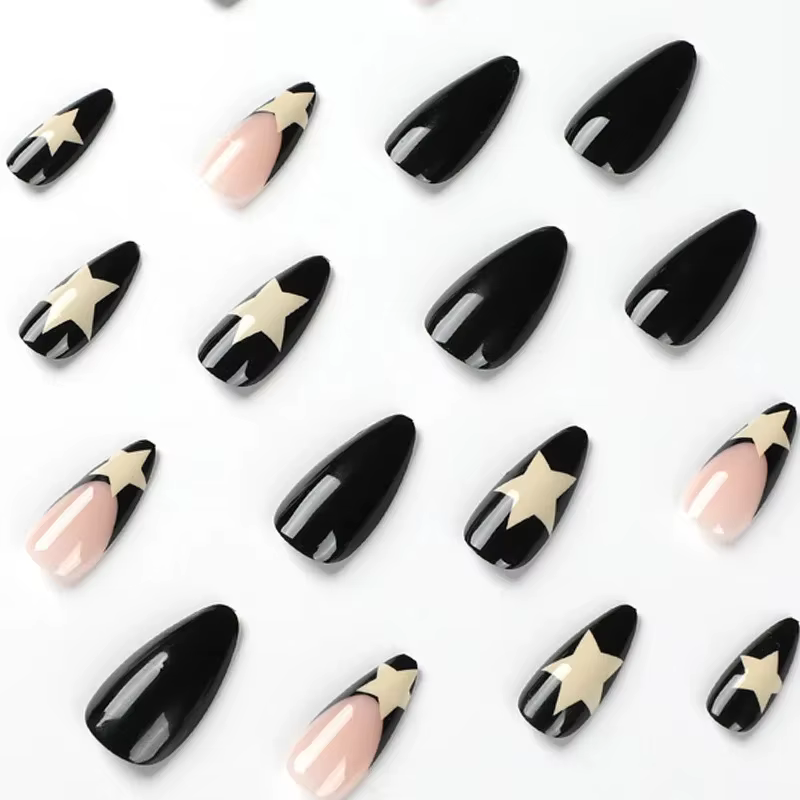 24 pièces de longs ongles français Black Edge Star avec 1 gel de gelée et 1 lime