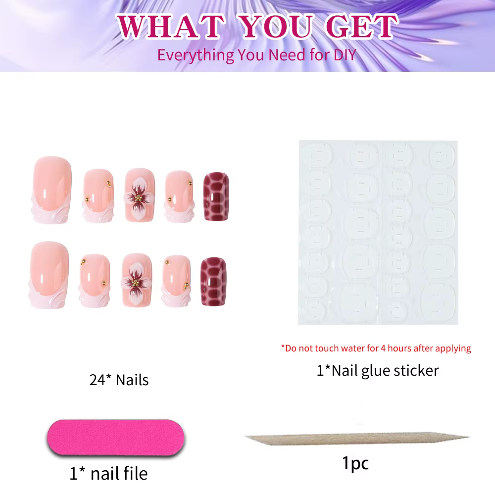 24 pièces par ensemble. Faux ongles carrés courts en gel 3D avec fleurs