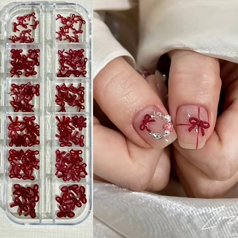 Décorations pour ongles en forme de nœud bordeaux à 12/16 compartiments