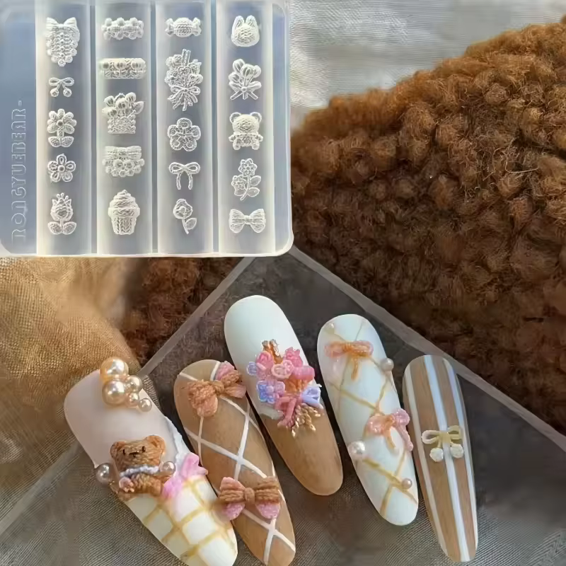 Modèles d'art d'ongle moule d'ongles Punk lapin ours dentelle arc 3D Silicone acrylique Relief bricolage décorations