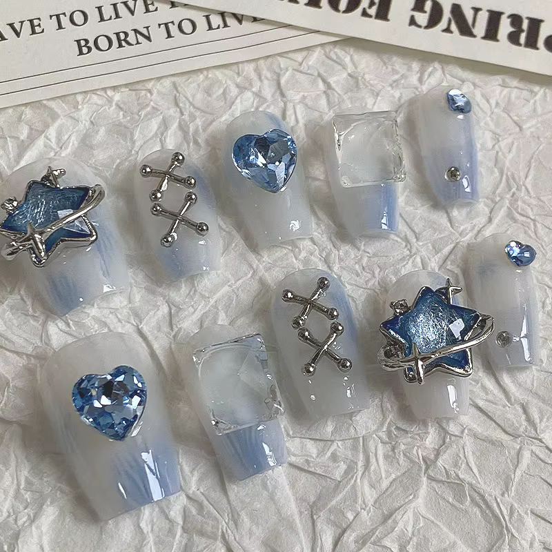 10 pièces Dreamy Blue Light Press - sur les ongles avec étoile