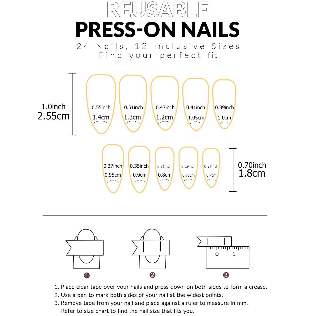 24 faux ongles en acrylique français pressés avec des motifs en forme de cœur et de lettres.