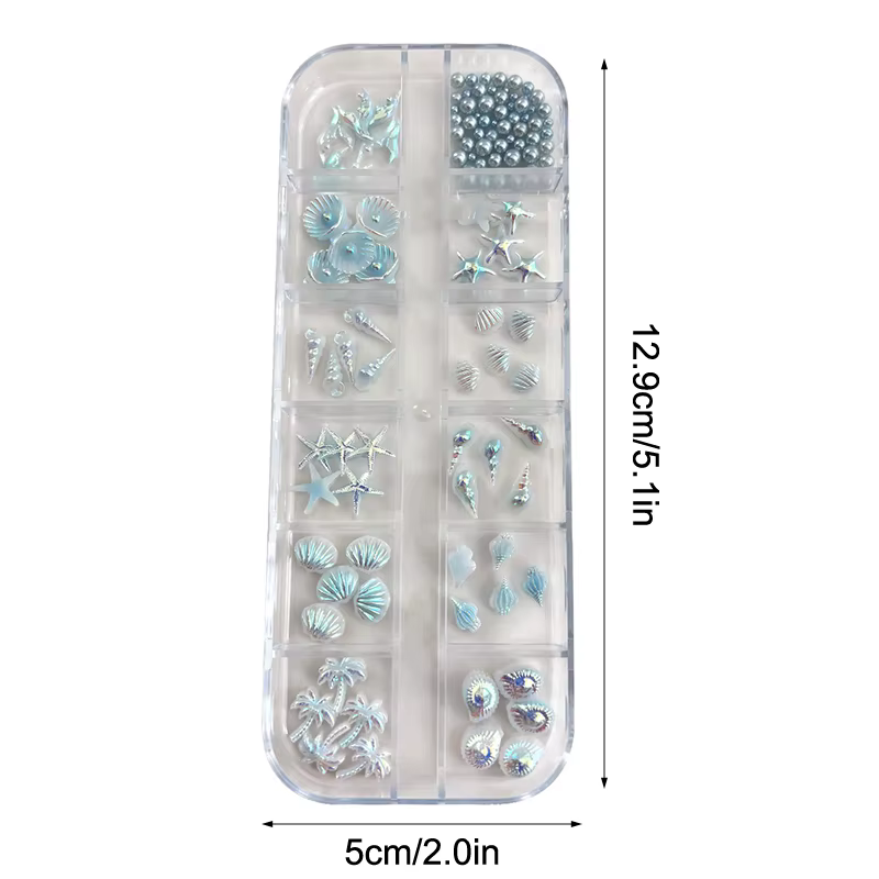 12 grilles/boîte bleu blanc breloque pour ongles coquille étoile de mer queue de sirène 3d accessoires de Nail Art pour un Look de manucure rêve et océanique