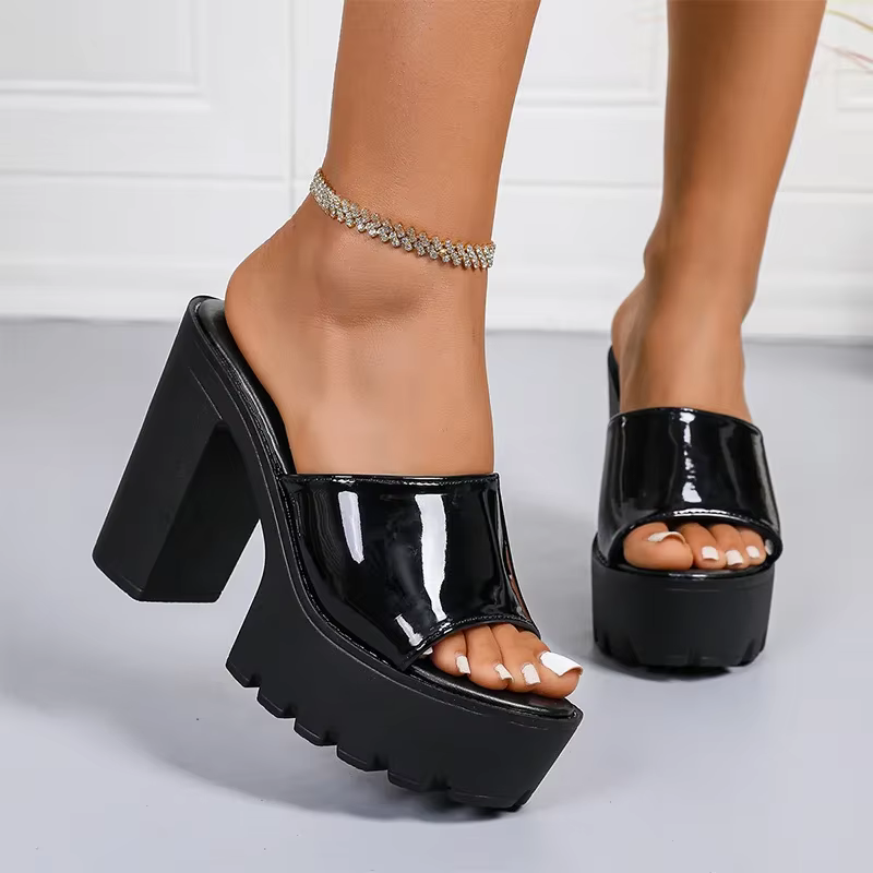 Sandales à talons très hauts en cuir verni rouge bordeaux pour femme, mules à plateforme épaisse à enfiler, collection été 2026, grandes tailles