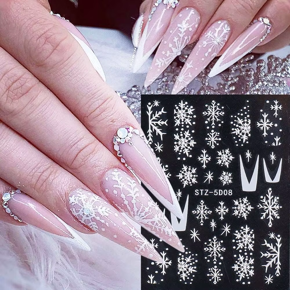 Autocollants 5D en relief flocons de neige de Noël pour ongles