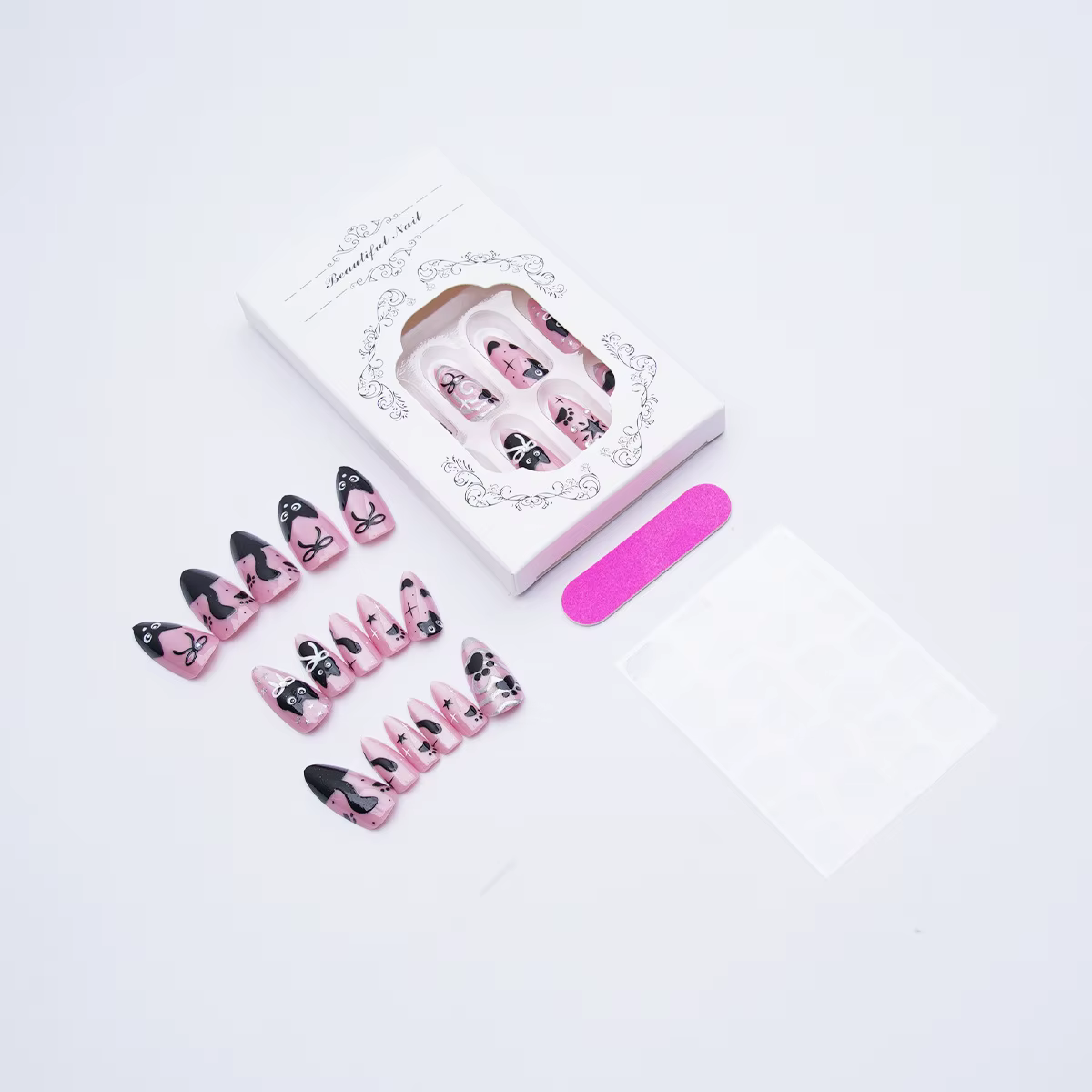 24 pièces doux Cool rose oeil de chat presse sur ongles