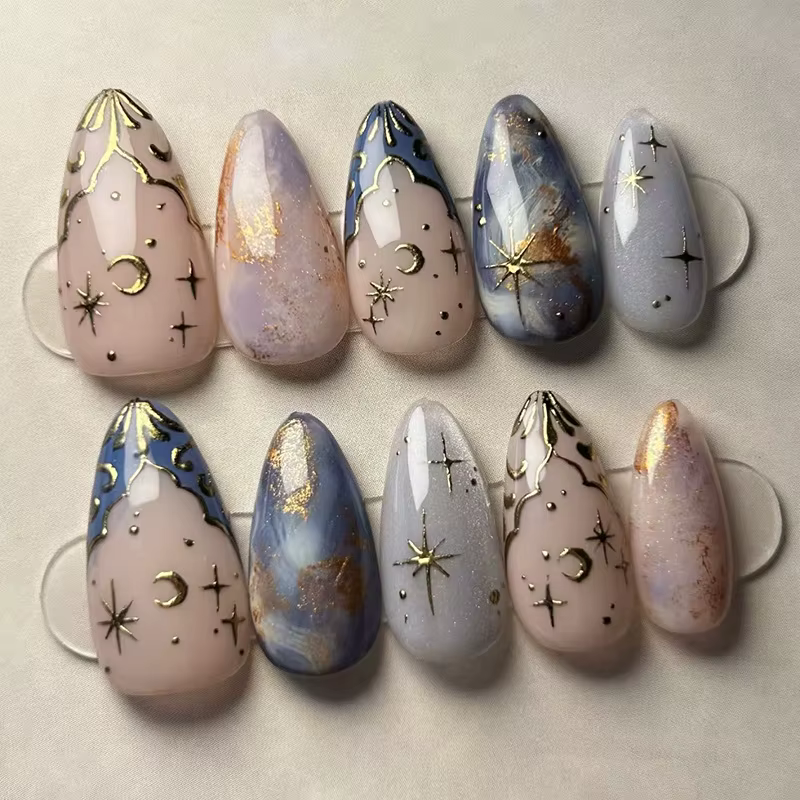 24 pièces rose amande presse sur ongles motif de fleur faux