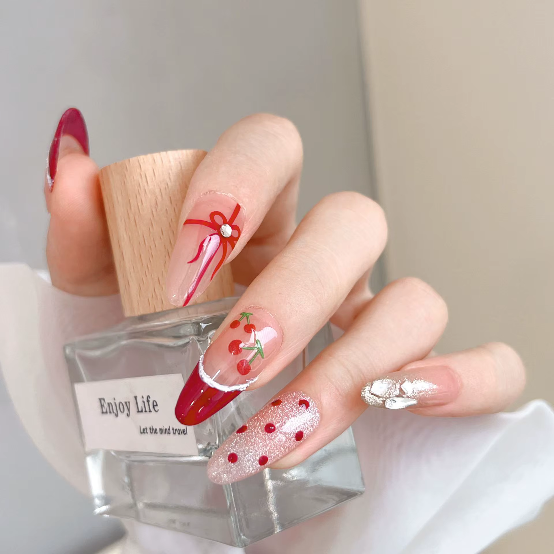Kawaii cerise arc ongles autocollants 5D français mignon rouge arc fruits conception auto-adhésif décoration