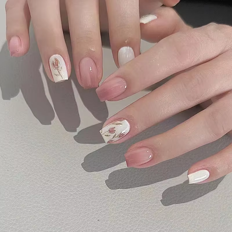 Fleur de tulipe 24 pièces presse sur ongles rose dégradé faux