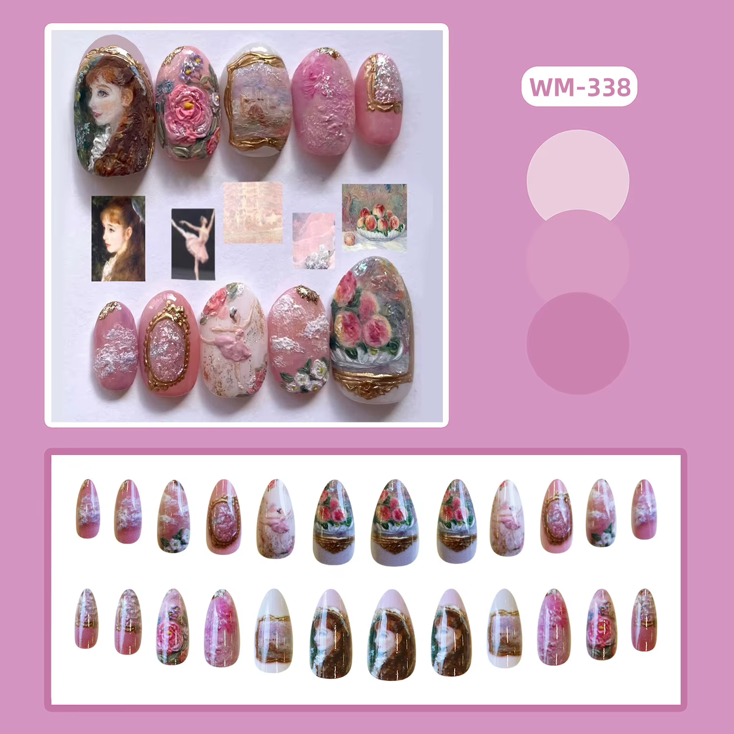 24 pièces série de peinture à l'huile européenne faux ongles doux Rose amande