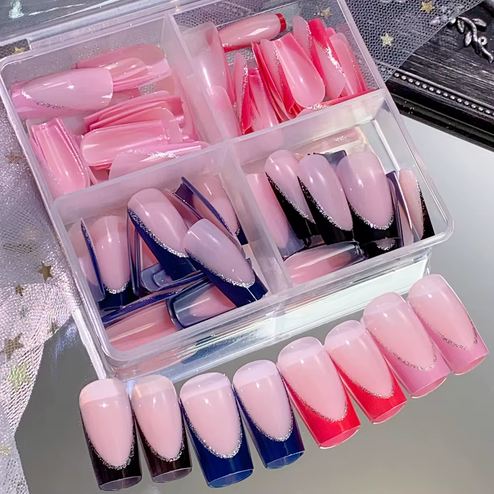 96 pièces/boîte 4 couleurs faux ongles français mi cercueil noir rouge