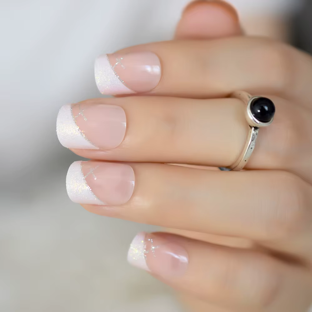 Faux ongles français instantanés blancs irisés