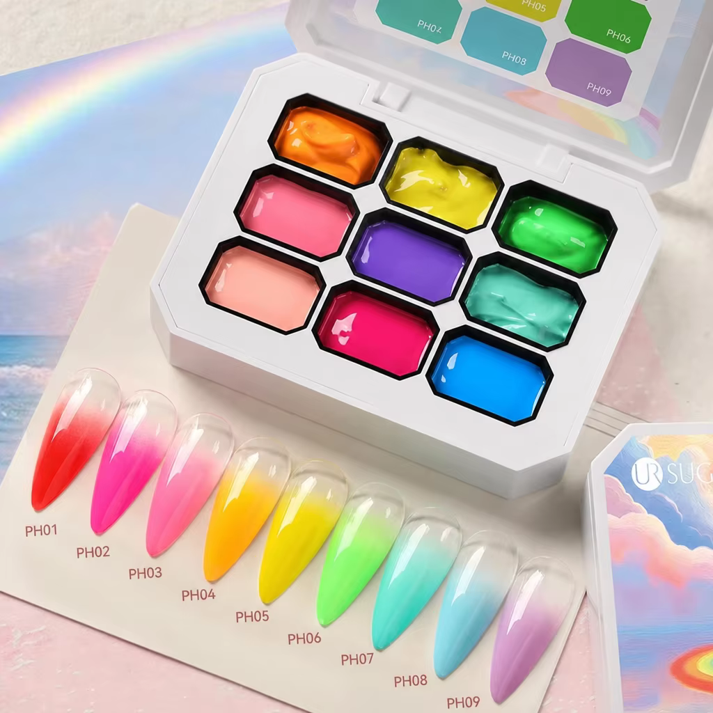 Gel de Peinture pour Ongles 9 Couleurs Effet Macaron Printemps-Été 4-en-1 – Gel de Stamping Dégradé pour Nail Art