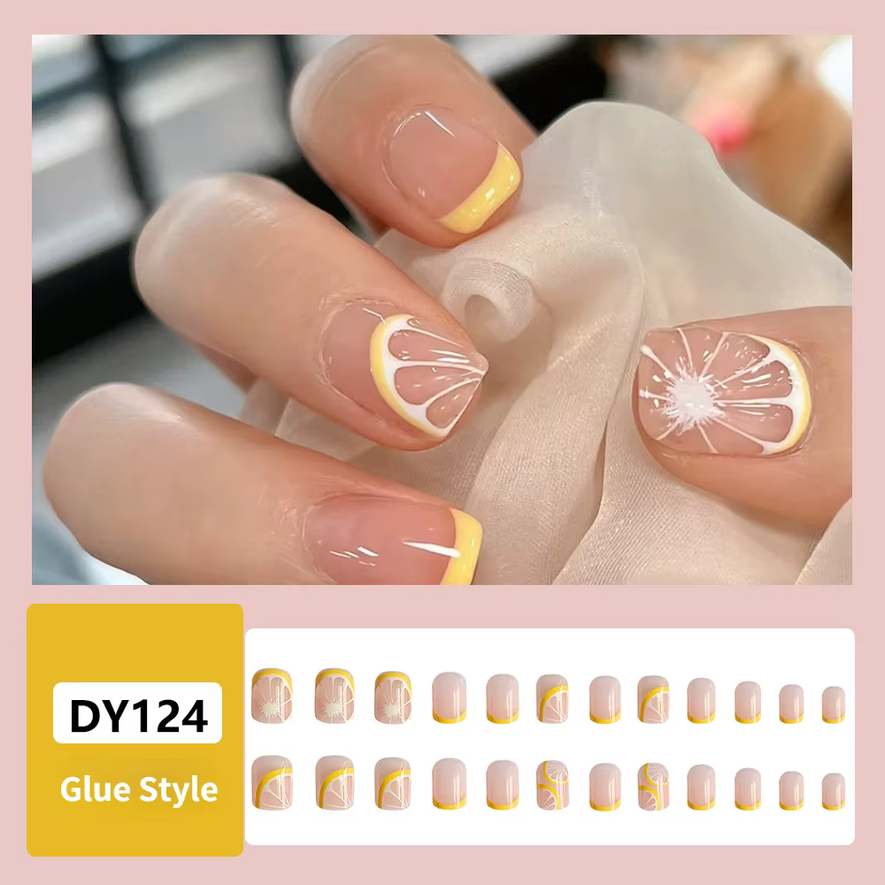 24 pcs Citron Court Porter Conseils Ongles Faux Patch Presse