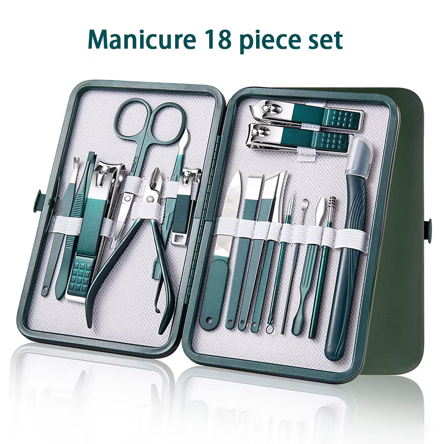 Ensemble de manucure vert 6-18 pièces avec étui en cuir