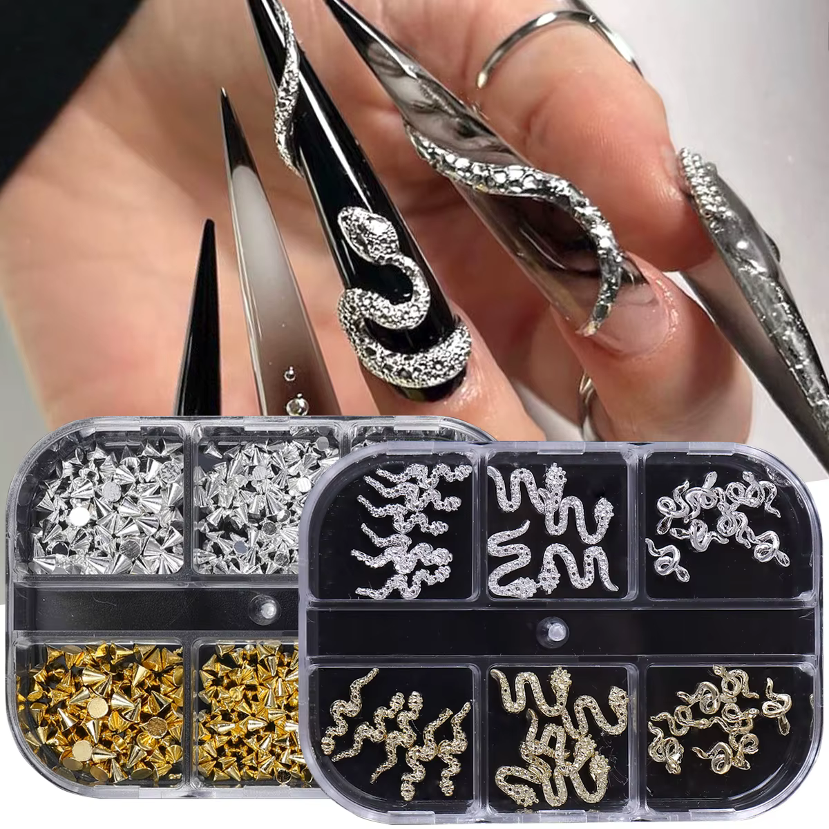 2 boîtes de strass serpent Rivet ongles accessoires Style Punk or argent métal bijoux Cool charme Halloween manucure décor pièces