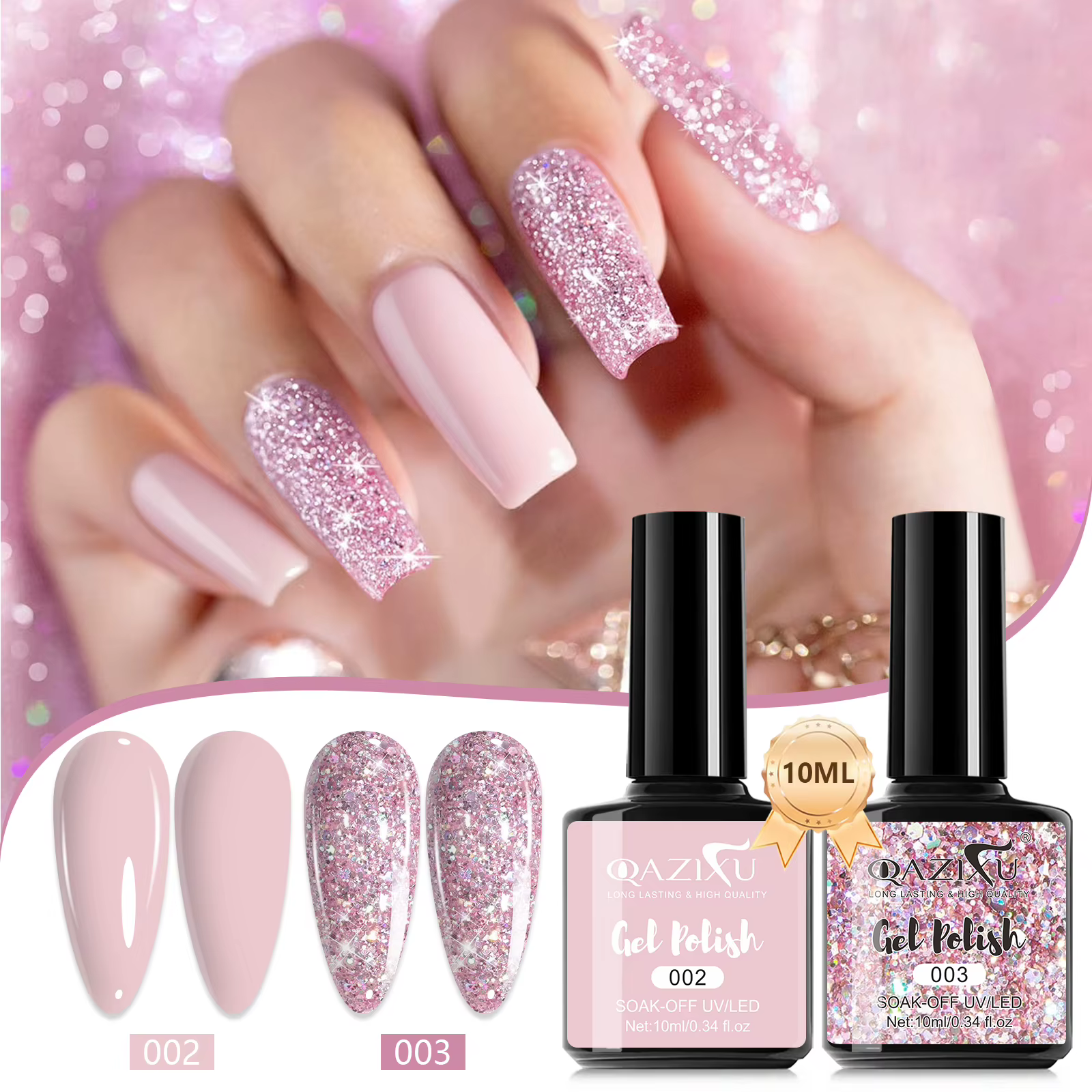 1/2 pièces 10 ml Vernis à ongles gel pailleté rose semi-permanent