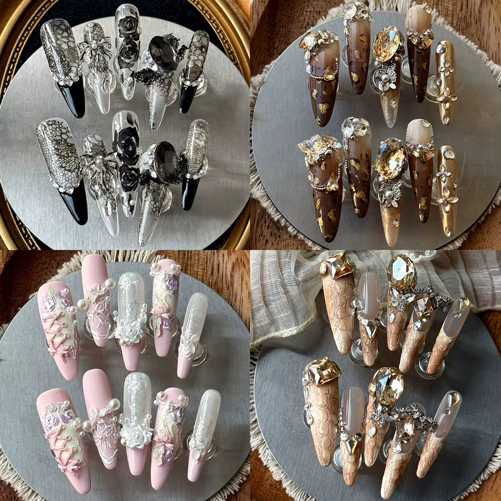 10 pièces haut de gamme fait à la main longue cercueil Ellipse portable couverture complète ongles fleur nœud papillon