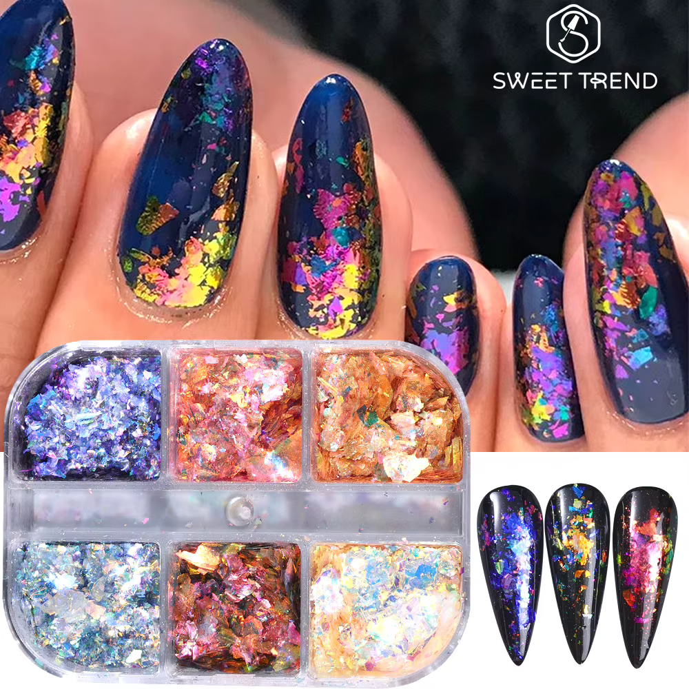 SWEET TREND - 6 compartiments de paillettes irisées opales pour ongles