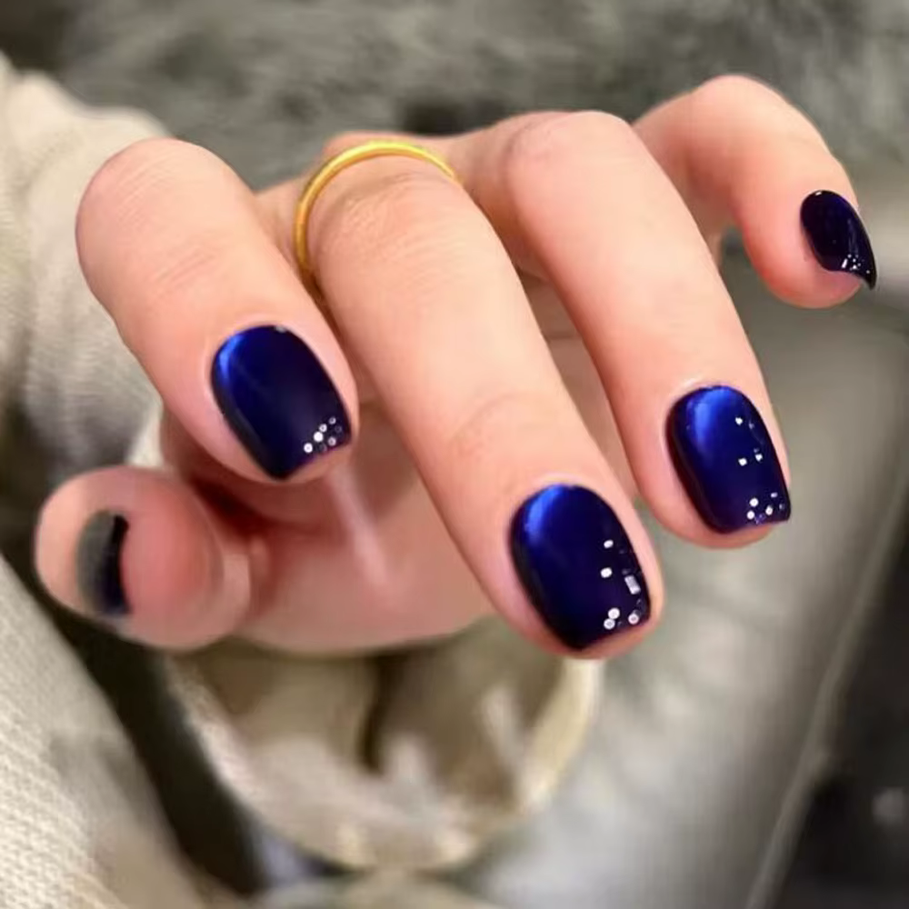 30 pièces oeil de chat bleu portable presse sur ongles court carré couverture complète faux