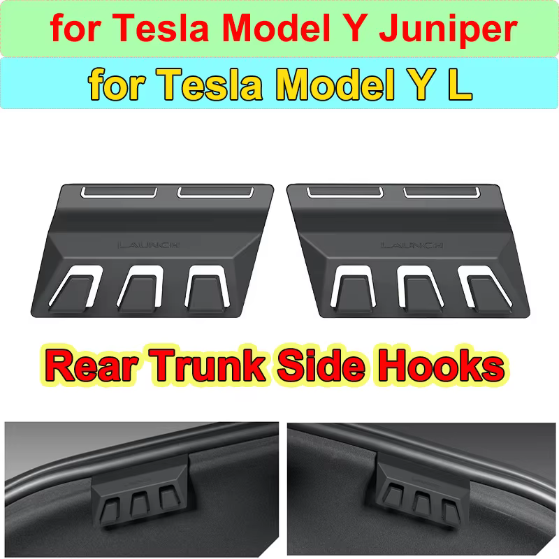 Accessoires pour Tesla Model Y L Juniper 2026 : Crochets de rangement latéraux pour coffre arrière, crochets muraux YL pour sacs d'épicerie et vêtements