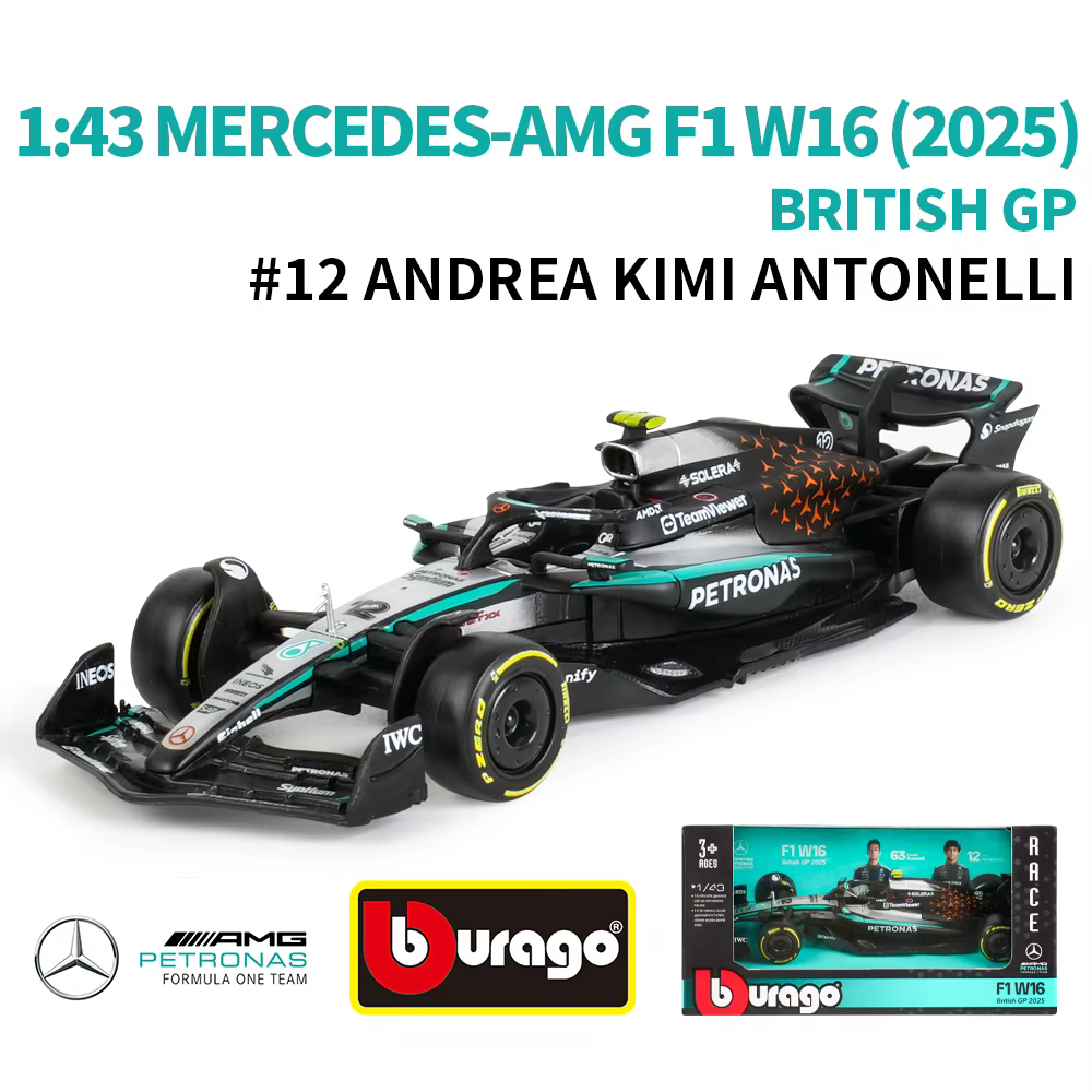 Bburago 1:43 Mercedes-AMG 2025 W16 E Performance # 63 # 12 voitures de Formule 1 britanniques en métal moulé sous pression, modèles de collection, jouets de course