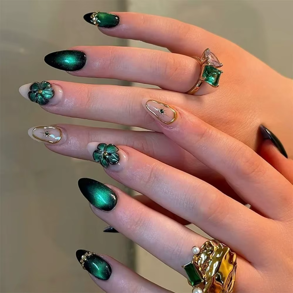 24 faux ongles à presser en amande française bleus