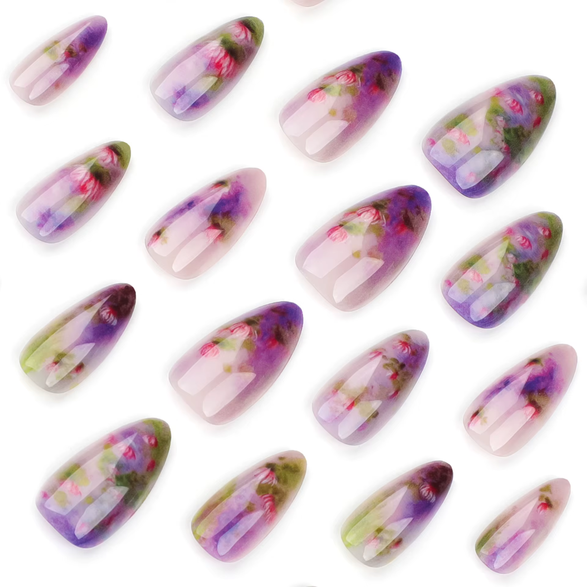 24 pièces été fleur de Lotus faux ongles violet Blush amande