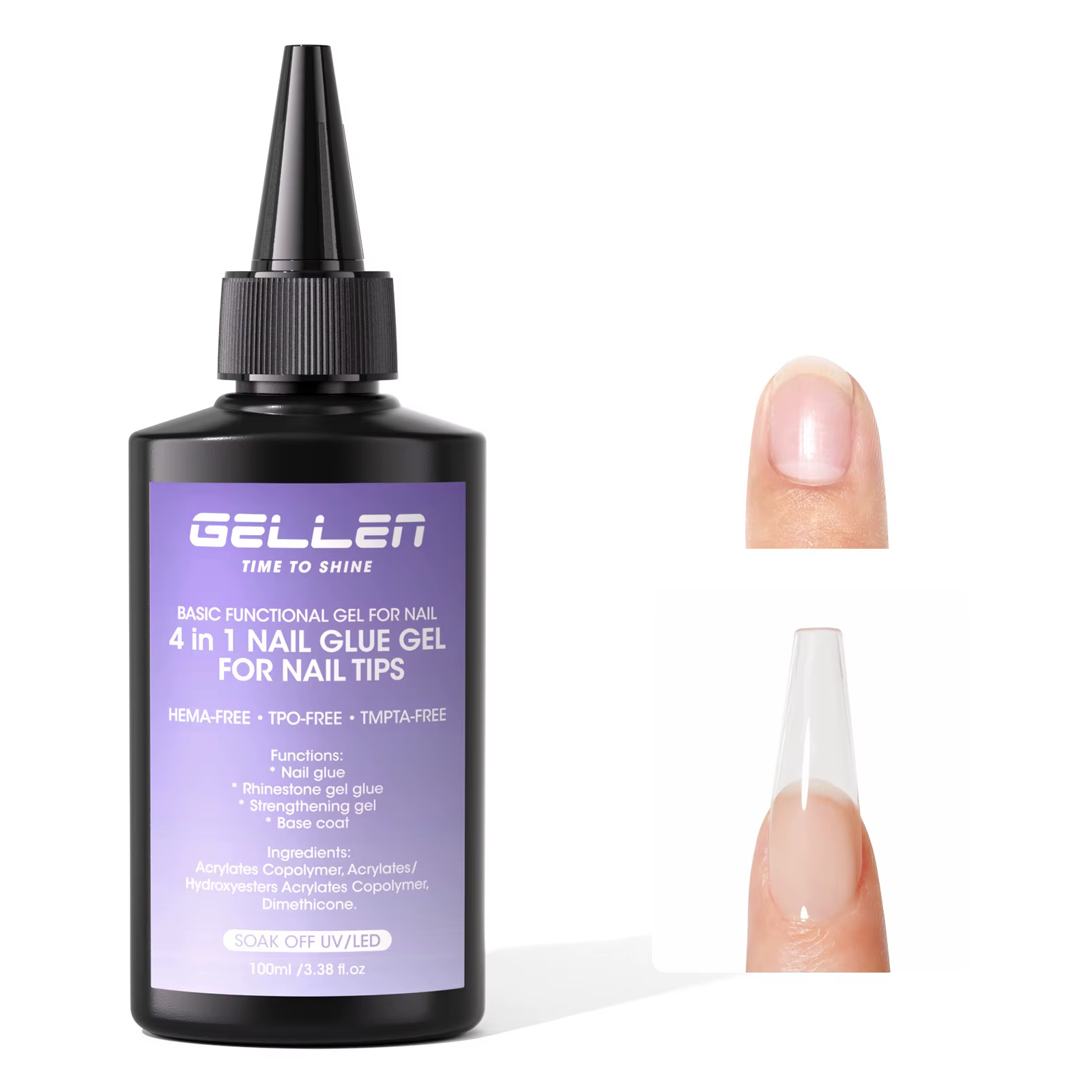 GELLEN Professionnel 4 en 1 Colle à ongles en gel 100ml Adhésif puissant durcissant aux UV pour extensions d'ongles Longue tenue Manucure DIY