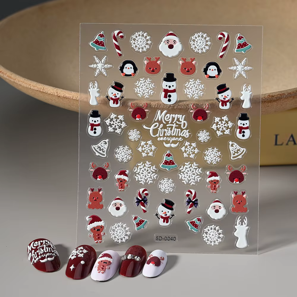 Autocollants pour ongles de noël 5D en relief bonhomme de neige flocons