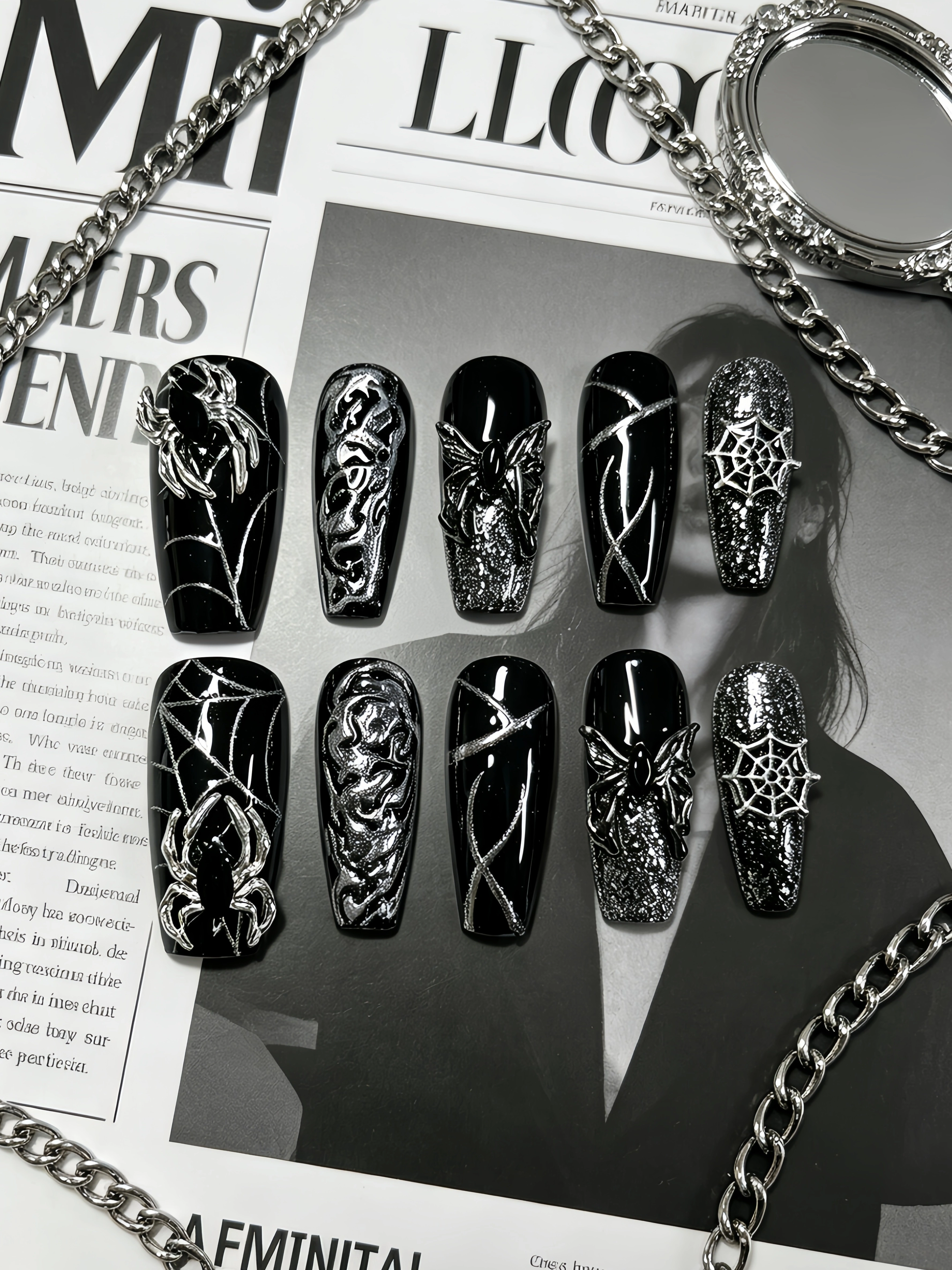 10 faux ongles noirs à paillettes argentées dégradées
