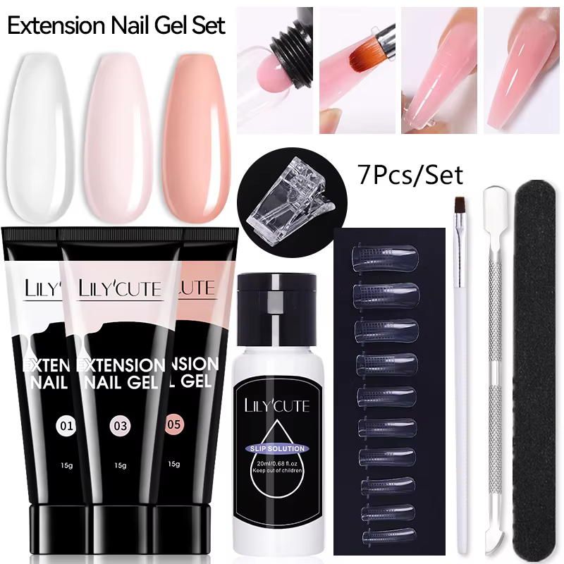 LILYCUTE 7 pièces/ensemble 15ml Gel à ongles à Extension rapide transparent avec Solution antidérapante poussoir