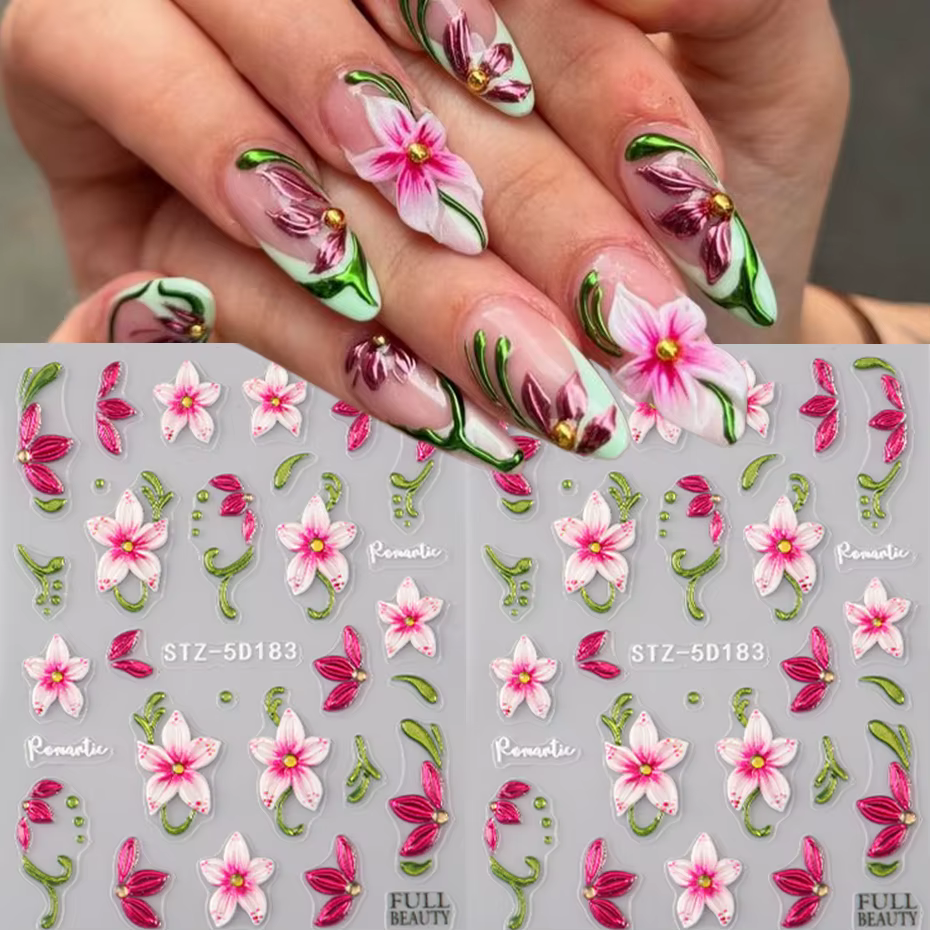 Autocollants pour ongles motif fleur de lys rose - Motifs fleurs roses et feuilles vertes