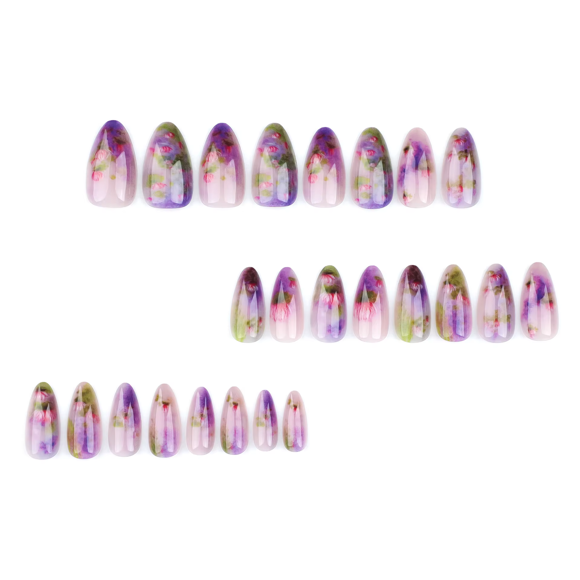 24 pièces été fleur de Lotus faux ongles violet Blush amande